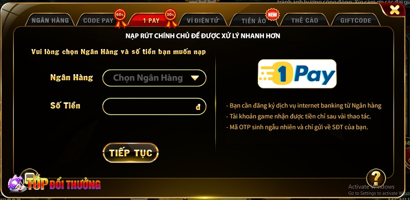 Nạp tiền nhanh vào cổng game bài đổi thưởng bằng 1 Pay