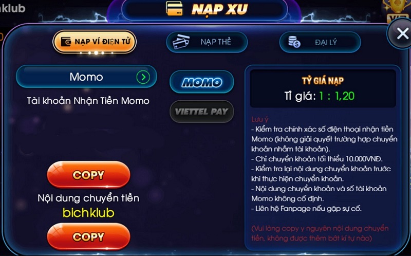 Nạp tiền tại cổng game bài đổi thưởng Bich Club