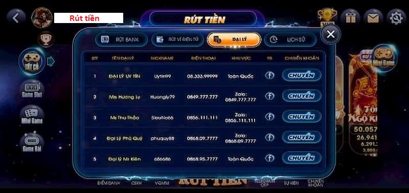 Rút tiền tại Bich Club 